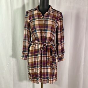 LOFT Outlet Multicolor Plaid Long Sleeve Tie Waist Popover Shirt Dress